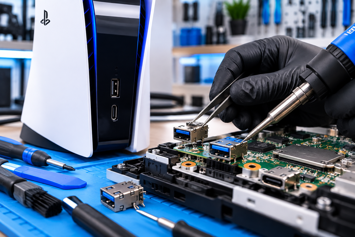 Microsoudure du port USB sur carte mère PS5 - atelier SORJEN TECH